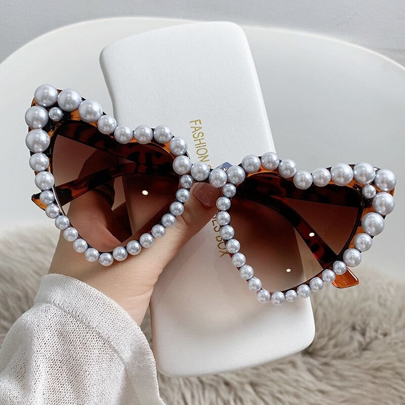 Heart Frame Pearl Diamond Design Glasses - Leopard / Pearls