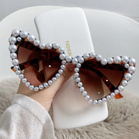 Thumbnail for Heart Frame Imitation Pearl Diamond Design Glasses - Leopard