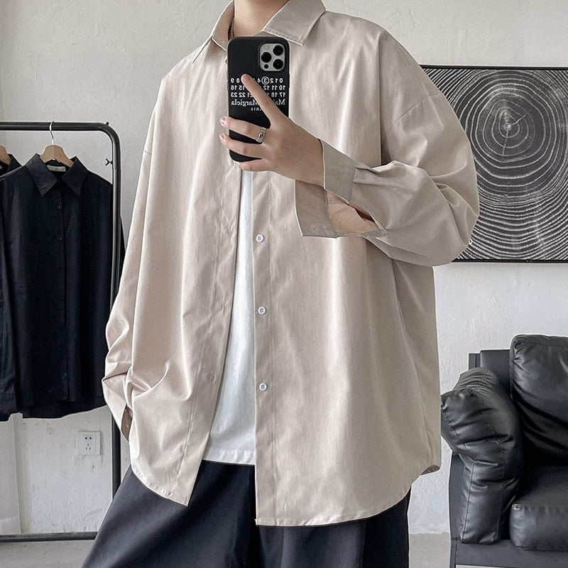 Solid Color Oversize Long Sleeve Shirt - Khaki / M