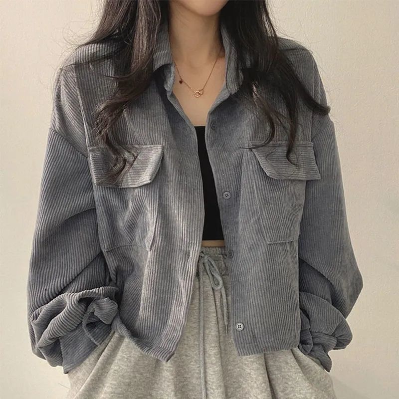Solid Color Corduroy Oversized Long Jacket - Gray / S