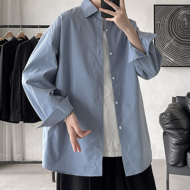 Solid Color Oversize Long Sleeve Shirt - Blue / M
