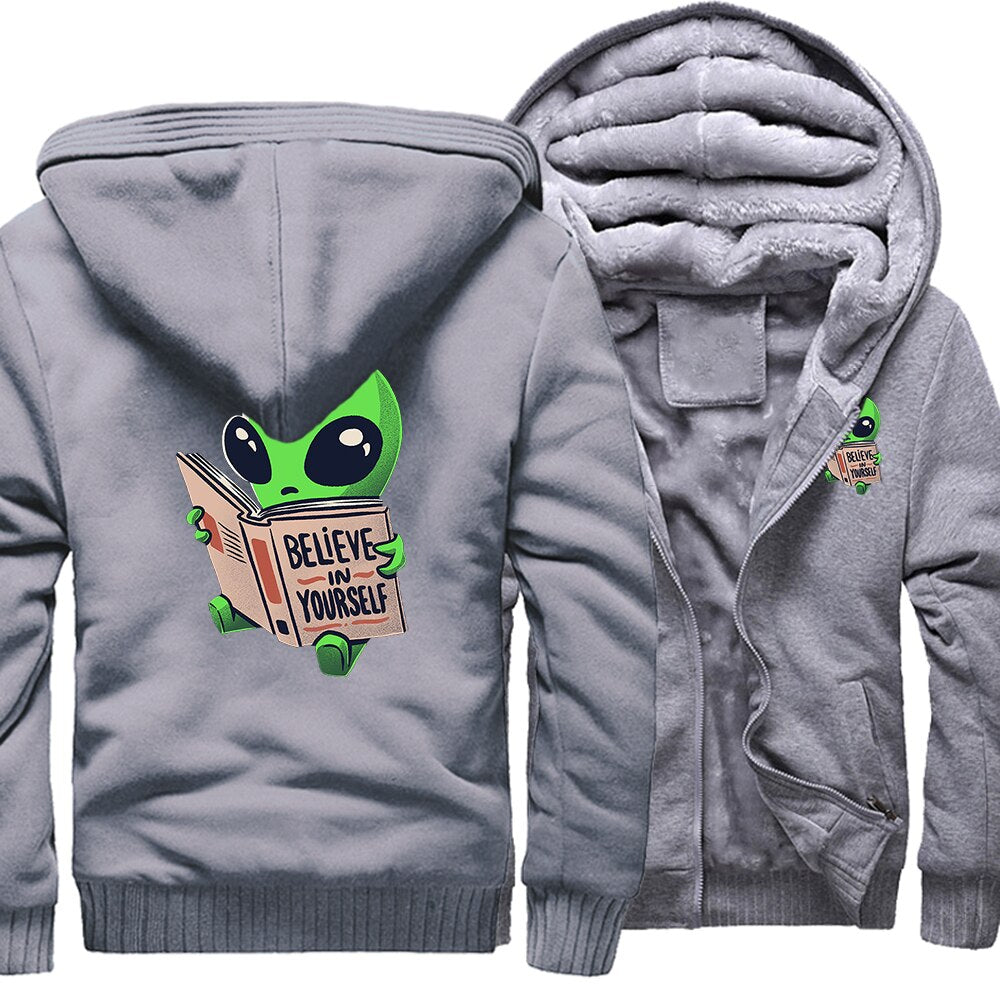 Alien reading a book Warm Two-tone Hoodies - Gray / M