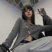 Thumbnail for Asymmetric Hollow Out Fine Knit Short Cardigan