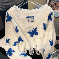 Blue Butterfly Knitted Crop Top Sweater - sweater