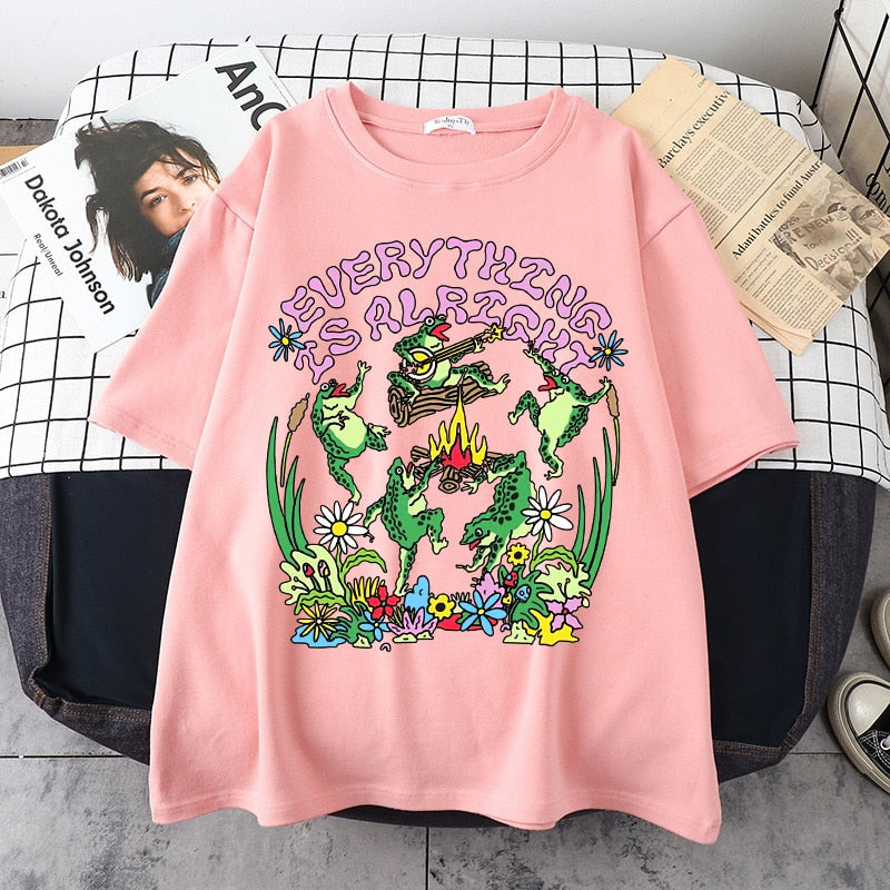 Everything Is Alright Frog Cottagecore T-Shirt - Pink / S