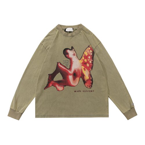 Oversized Long Sleeve Angel Graphic Shirt - Brown / M