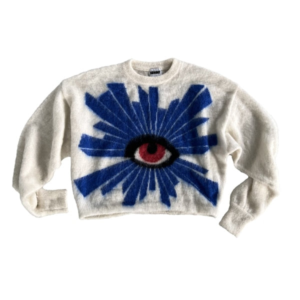 Long Oversize Knitted Sweater - White/Eye / S