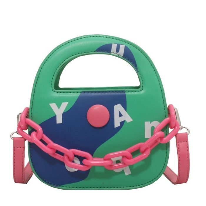 Round Handle With Chain Ornament Cute Bag - Green / One Size