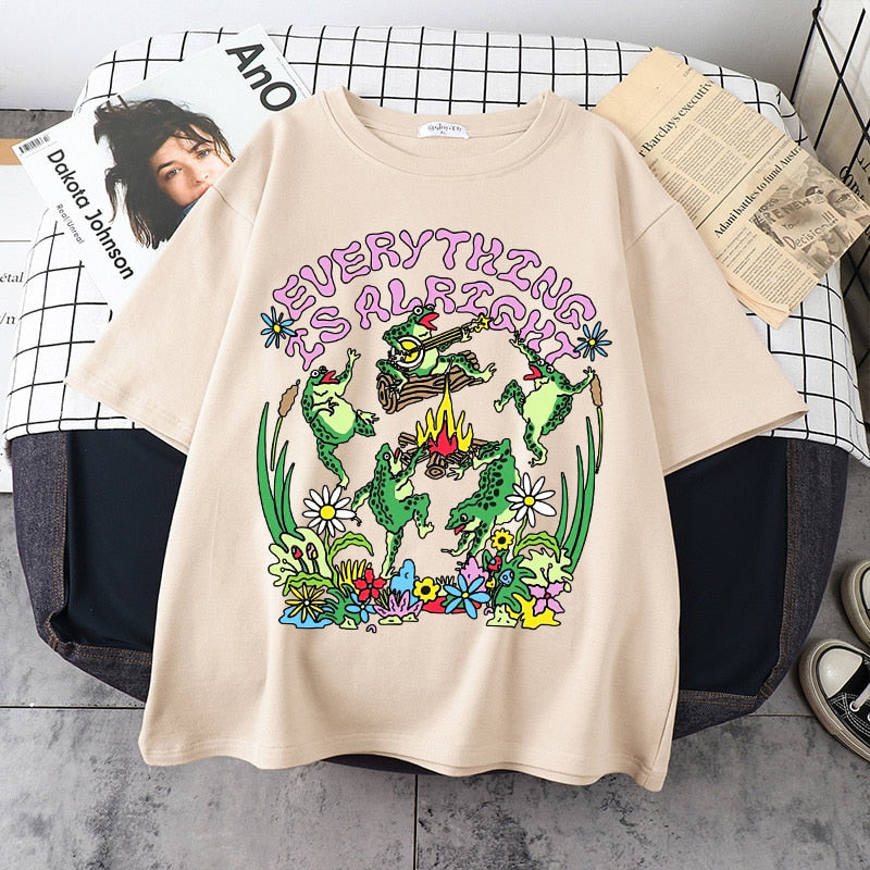 Everything Is Alright Frog Cottagecore T-Shirt - Beige / S