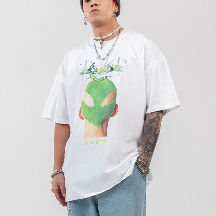 Green Hairstyle Print Hip Hop Relaxed Fit T-Shirt - T-shirts