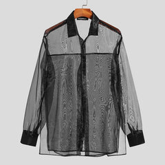 Mesh Transparent Lapel Long Sleeve Shirt - Black / S