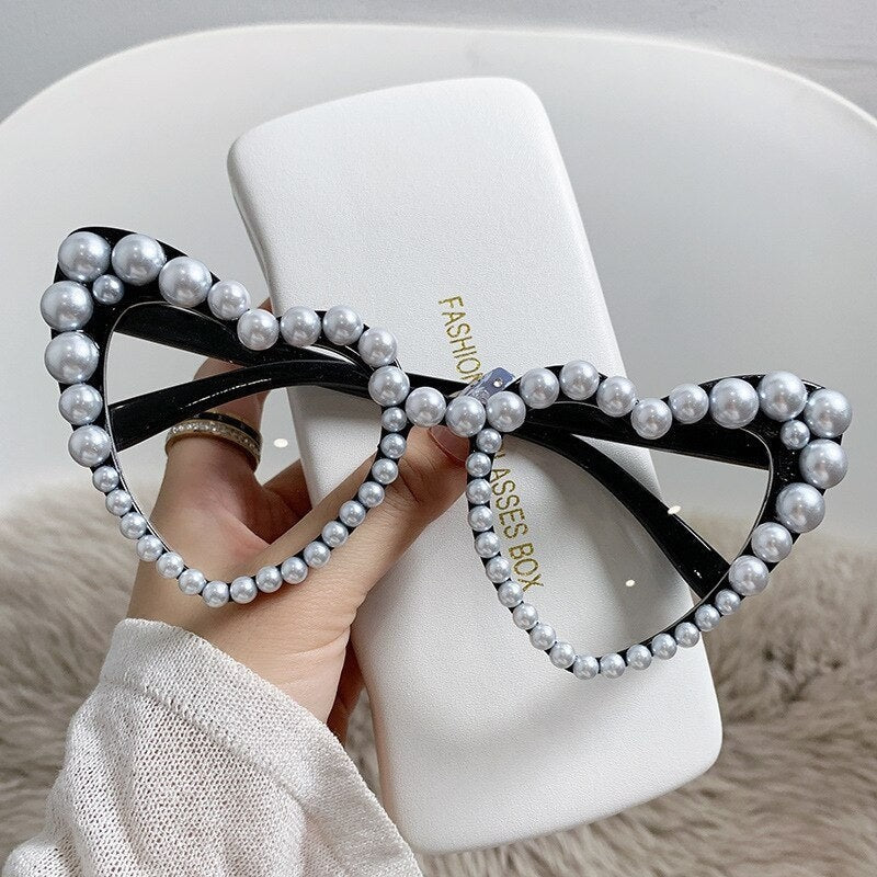 Heart Frame Imitation Pearl Diamond Design Glasses - Black