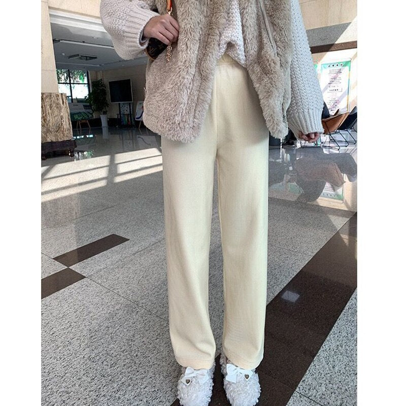 Solid Color Corduroy And Velvet Warm High Waist Pants