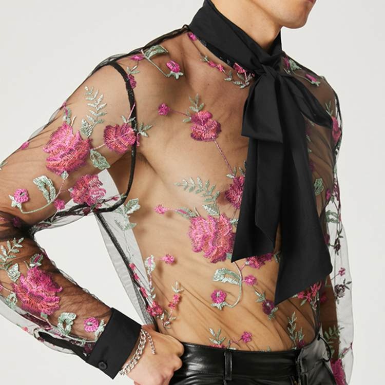 Flower Lace Up Mesh Patchwork Embroidery Shirt