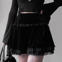 Dark Black Velvet High Waisted Lace Mini Skirt - S
