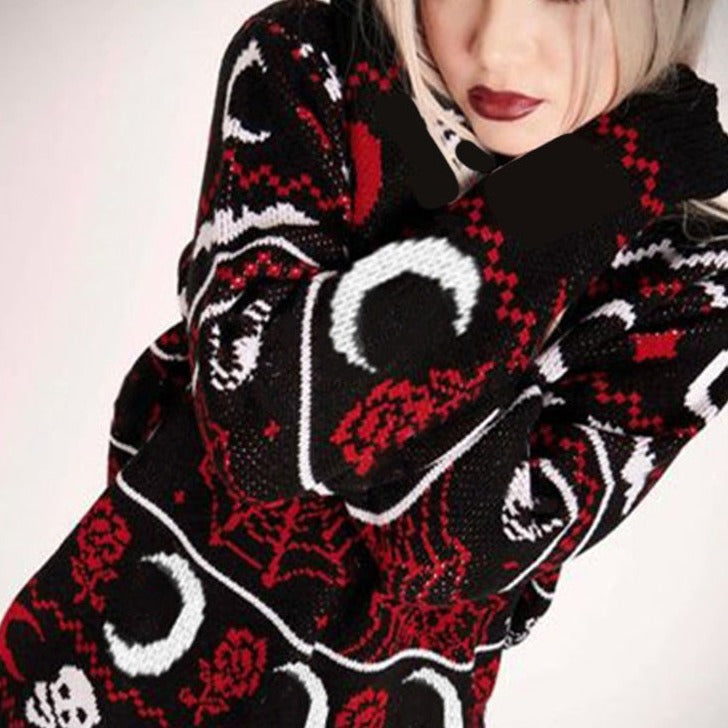 Bats Moons and Skulls Oversize Knitted Sweater - One Size /
