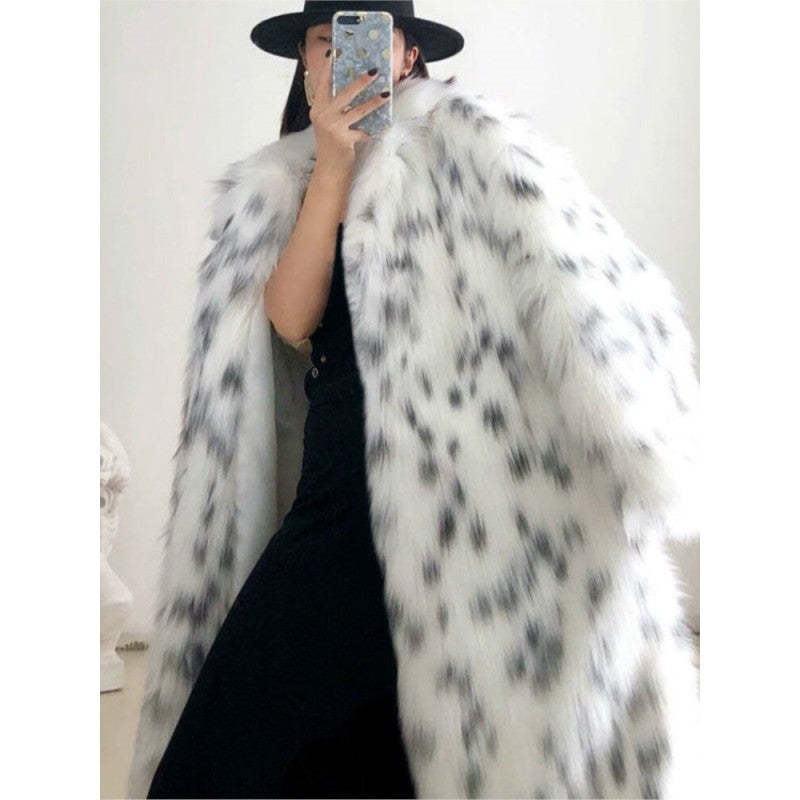 Snow Leopard Print Faux Fox Fur Coat