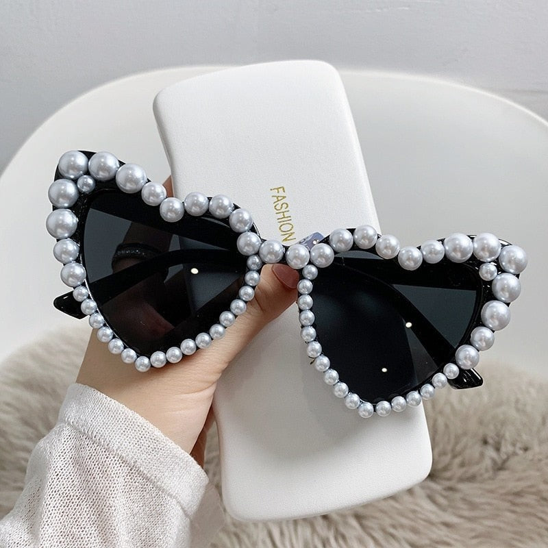 Heart Frame Imitation Pearl Diamond Design Glasses - Black /
