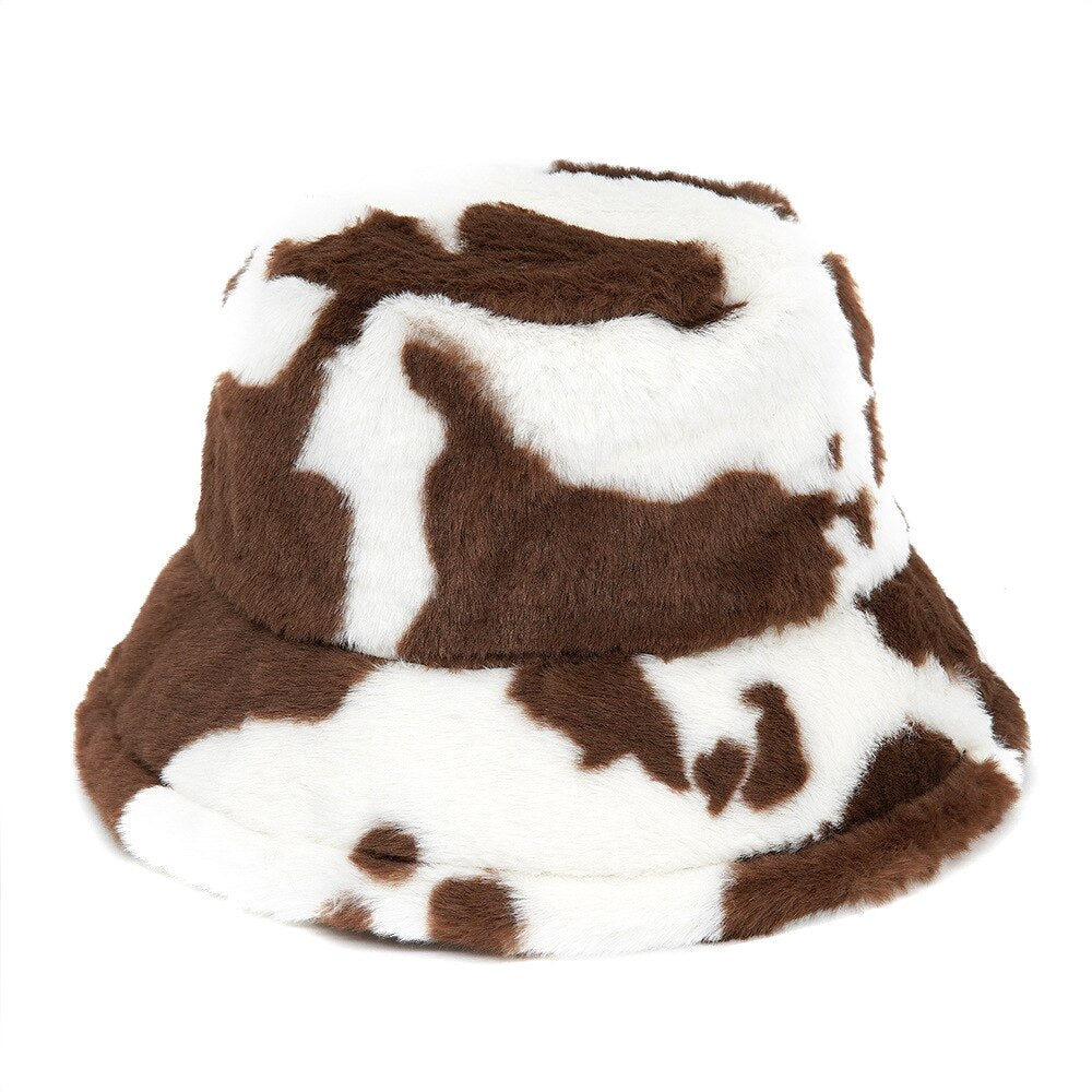 Colorful Faux Fur Bucket Hat - Dark Brown-White / M 56-58cm