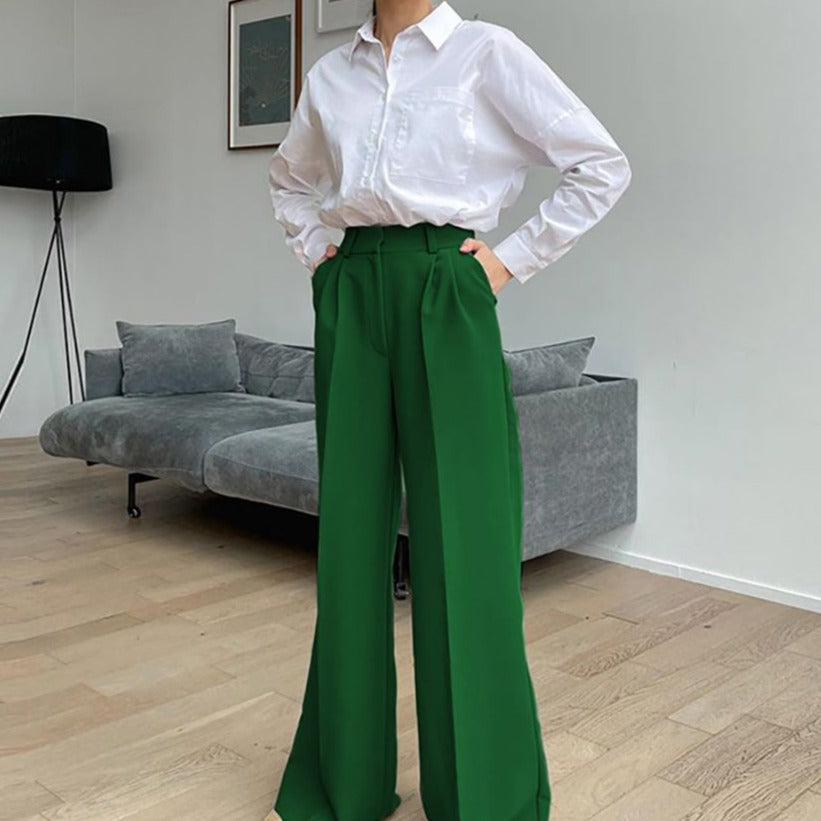 Loose Full LengthTrousers High Waist Wide Pants - Green / S
