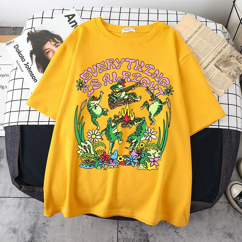 Everything Is Alright Frog Cottagecore T-Shirt - Yellow / S
