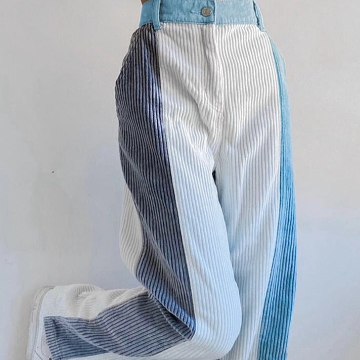 Contrast Color Pockets Corduroy High-Waist Pants