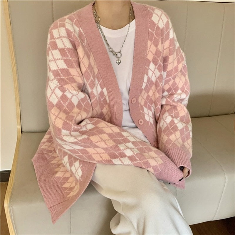 Pastel Checkered Pattern Long Sleeve Buton Up Knitted