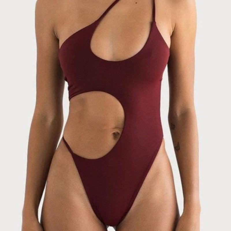 Solid One Piece Hollow Out Monokini - Wine Red / S -