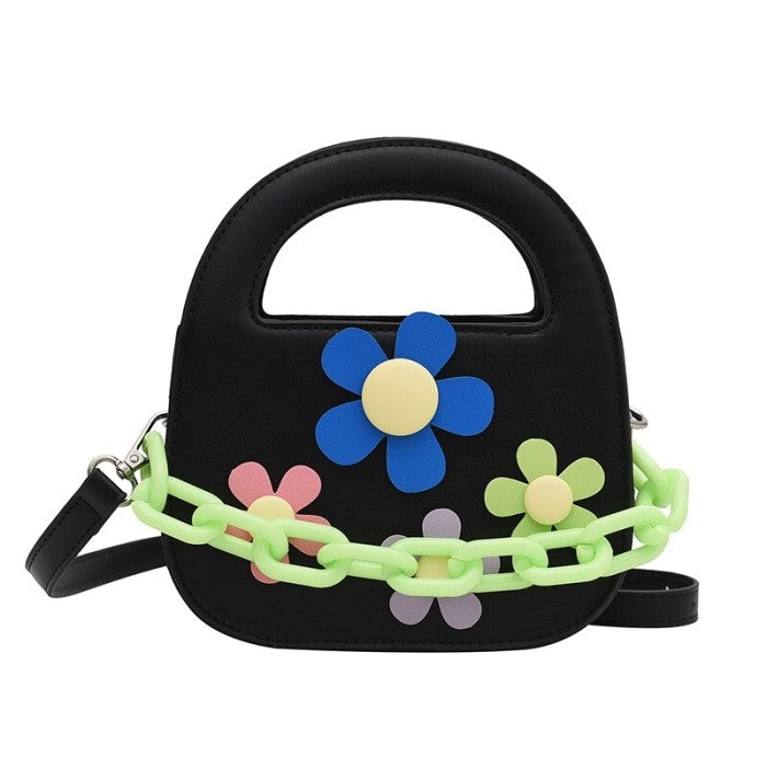 Round Handle With Chain Ornament Cute Bag - Black Flower /