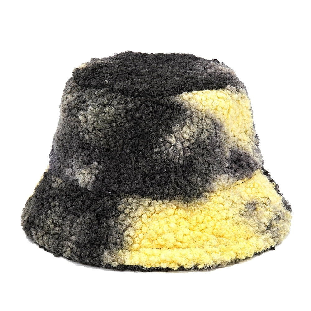 Colorful Faux Fur Bucket Hat - Black-Yellow. / M 56-58cm