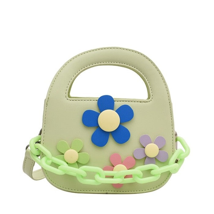 Round Handle With Chain Ornament Cute Bag - Green Flower /