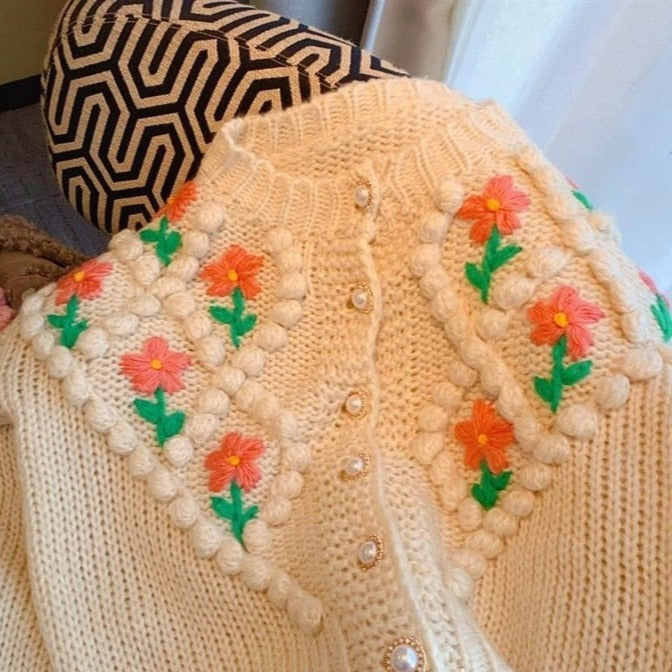 Cute Flower O Neck Knit Cardigan