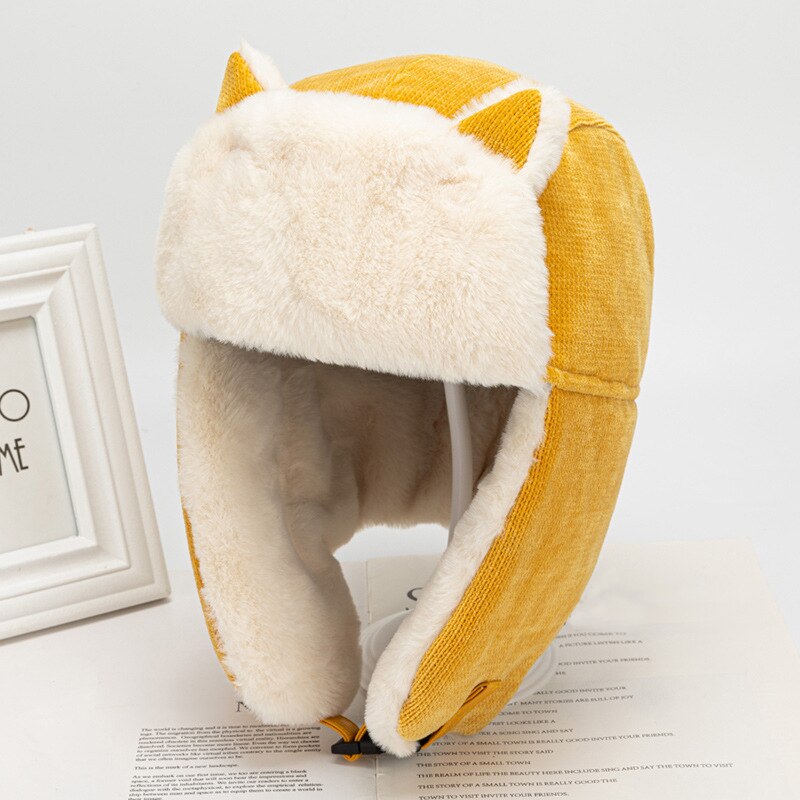 Warm Cat Ears Faux Fur Bomber Hat - Yellow