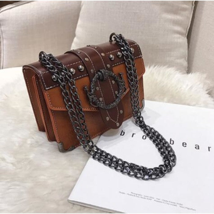 Rivet Lock Chain Shoulder Messenger Bags - Brown / One Size