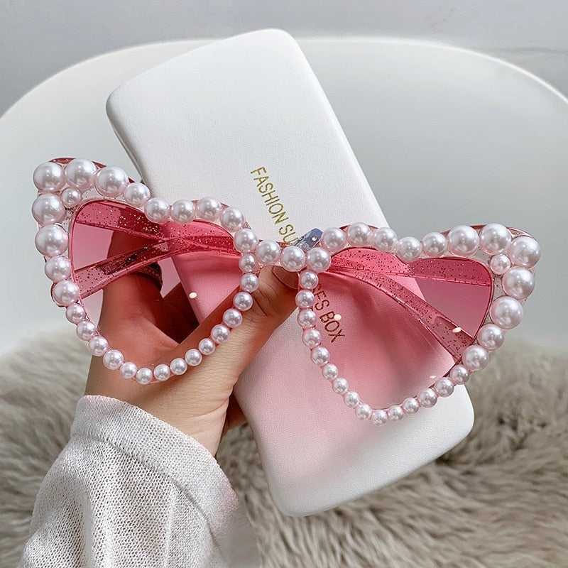 Heart Frame Pearl Diamond Design Glasses - Pink / Pearls /