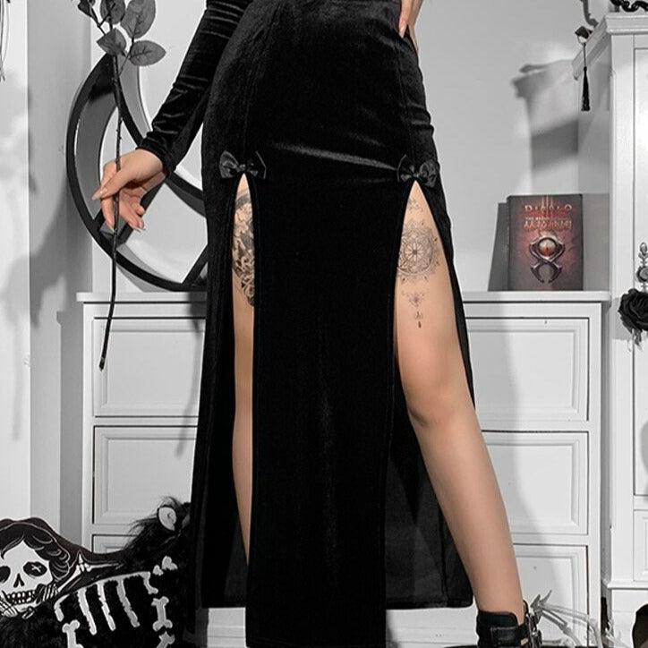 Black Gothic Punk Slit Skirts - Black-Velvet / S