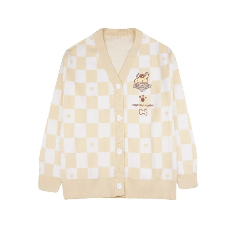 Checkered With Kawaii Embroidery Cardigan - Cardigans