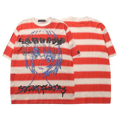 Anime Cartoon Striped T-Shirt - Orange / M
