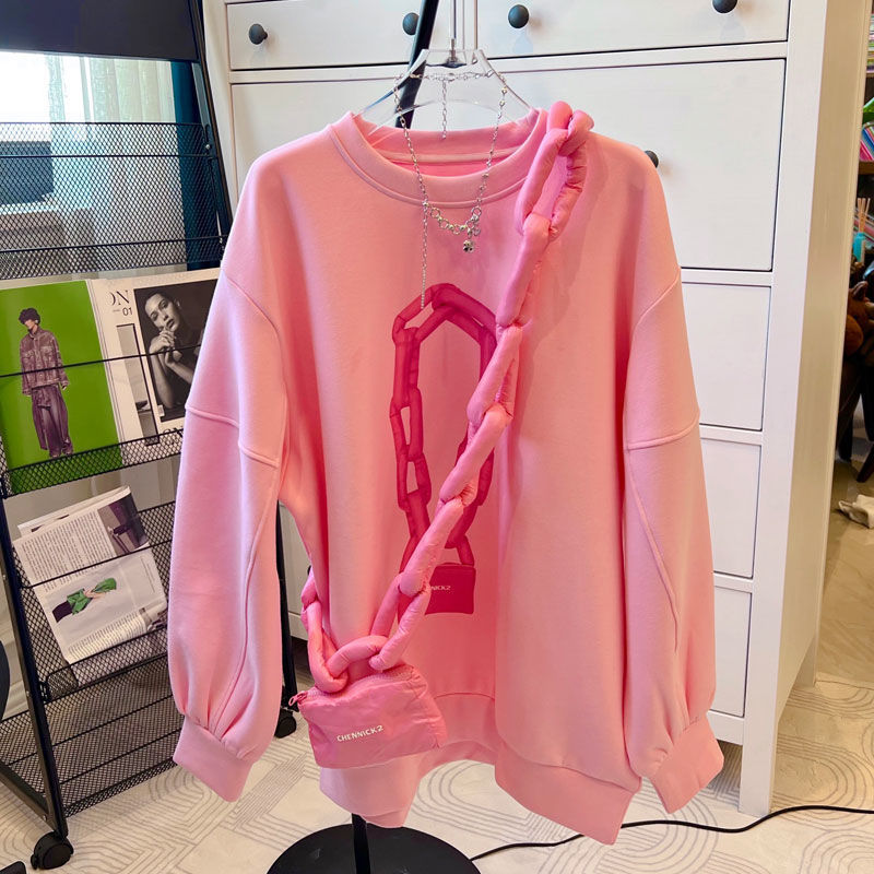 Bag And Chain Long Sleeve Cute Sweatshirt - Pink With / M