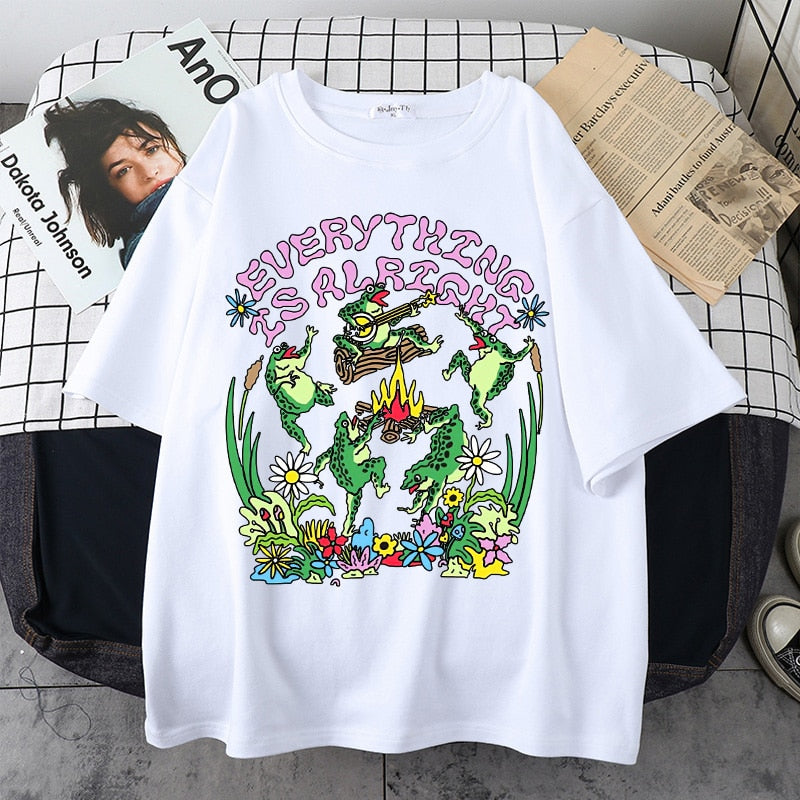 Everything Is Alright Frog Cottagecore T-Shirt - White / S