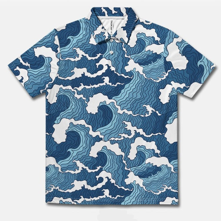 Retro Ocean Wave Printing Casual Shirt - Blue / White / XS -