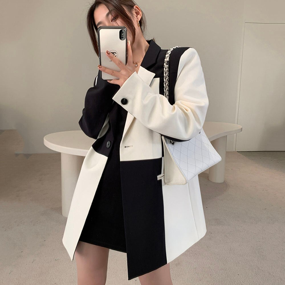 Black And White Long Sleeve Asymmetrical Blazer