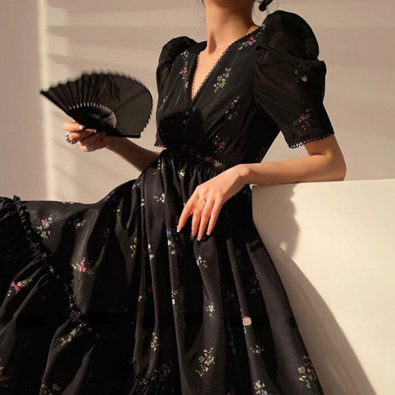 Vintage Black Floral Short Sleeve Elegant Dress - Long
