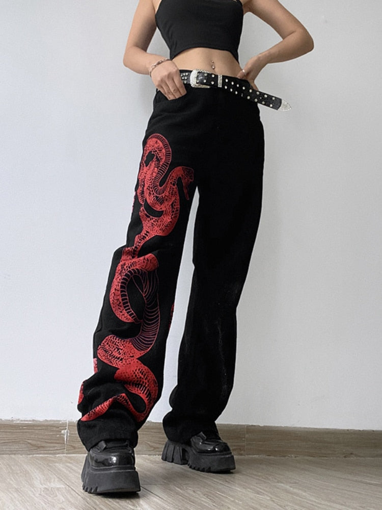 Red snake print wide leg pants - Black / S - Pants