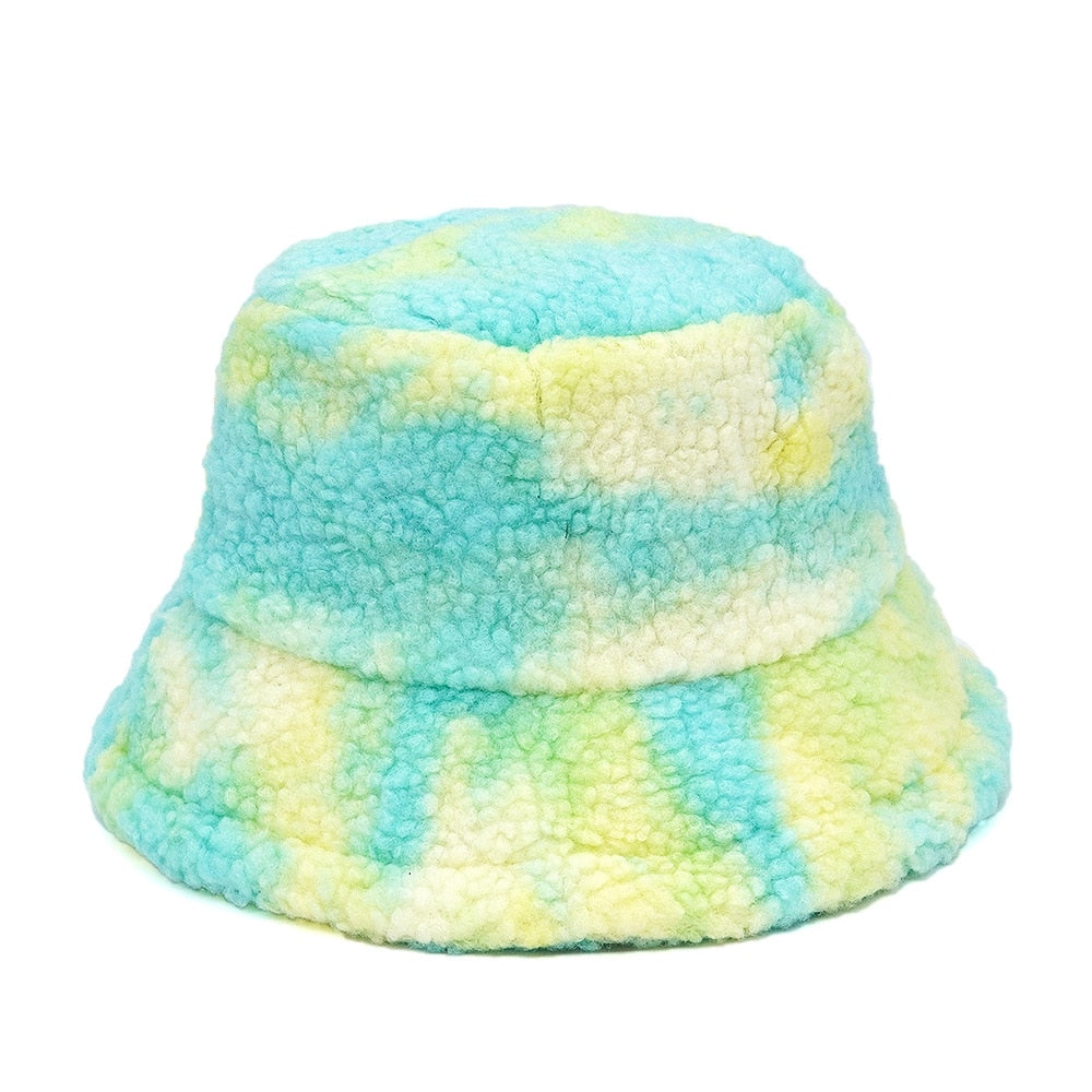 Colorful Faux Fur Bucket Hat - Blue-Yellow / M 56-58cm