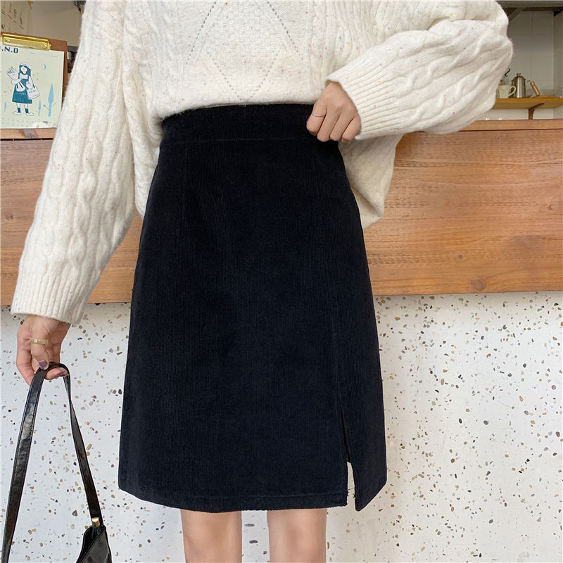 Solid Color Corduroy High Waist Skirt - Black / S