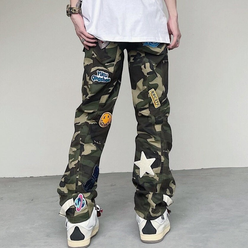 Embroidered Military Camouflage Pants With Multiple Pockets