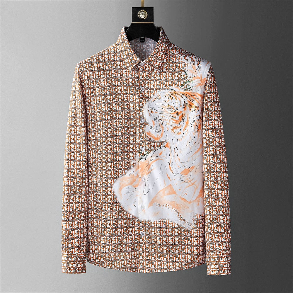 Luxury Tiger Print Long Sleeve Shirt - Khaki / M - Shirts