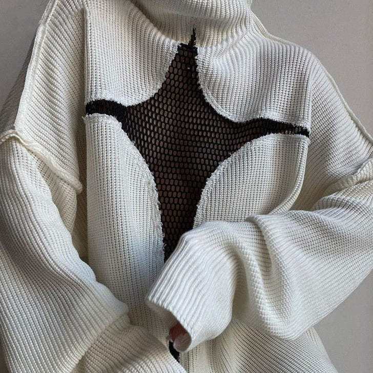Star Pattern Mesh See Through Turtleneck Knit Sweater -
