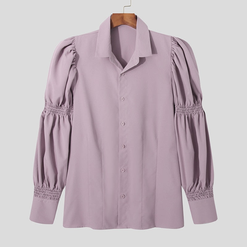Fashion Lapel Long Puff Sleeve Shirt - Purple / S